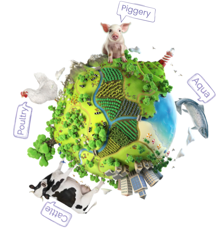 A diverse array of livestock including poultry, pigs, cattle, and fish, symbolizing Optima Life's significant contributions to agricultural development over the years.