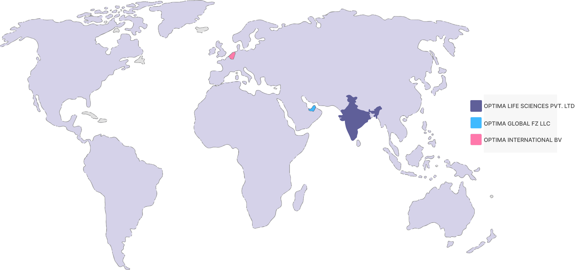 World map image, symbolizing Optima Life Science's global presence and commitment to serving customers worldwide
